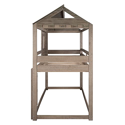 House Bunk Beds, Twin Over Twin Bunk Bed Frame Low Bunk Bed For Kids Toddlers Boys Girls, Antique Gray #TOP6