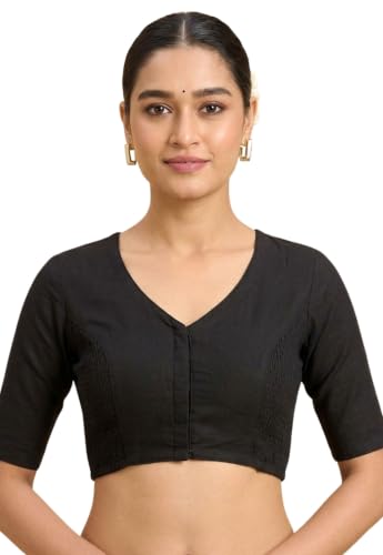Image of Studio Shringaar Women's Thick Handloom Cotton Plain Side Stretch (Smocked) Readymade Saree Blouse