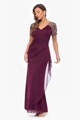 Image of Xscape Floor Length Jersey Knit Evening Gown with V-Neckline, Beaded Flutter Sleeves and Ruched Draping
