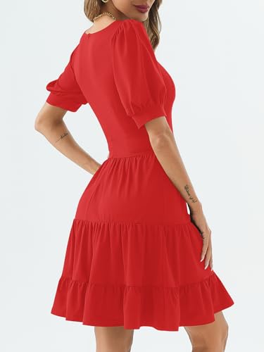 Image of Women's Square Neck A-Line Summer Dress Puff Sleeve Flared Swing High Waist Smocked Flowy Midi Casual Dress for Office /Party Red