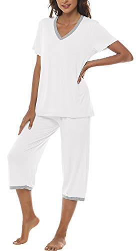 Image of JINSHI Women's Pajamas Set Short Sleeve Top and Capri Pants Lightweight Sleepwear Comfy Pjs Lounge Set with Pockets