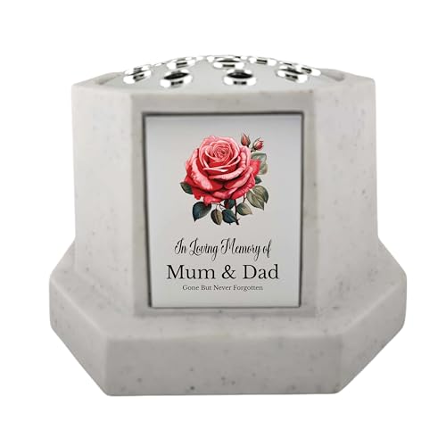 In Loving Memory Of Memorial Octagon Rose Bowl Grave Marker Flower Pot Vase With Rose Design Mum Dad & Lots More White/Silver (UV PRINTED) (Mum & Dad)