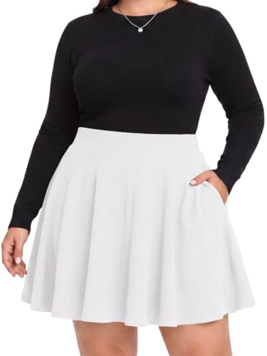 Moon Wood Women's Plus Size Skater Skirt with Shorts Pockets High Waisted A-line Flared Casual Basic Mini Skort Skirts White