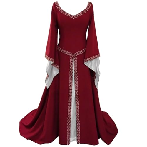 Disfraz Medieval para Mujer Vestido Manga Larga Bordado Renacentista Cosplay Rojo M