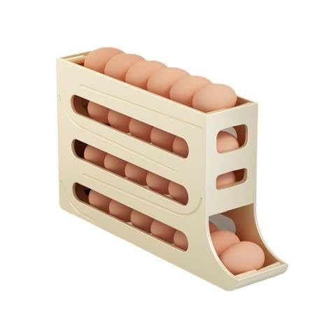Image of Plastic Automatic Rolldown Refrigerator Rectangular 4 Tier Egg Rolling Dispenser, Holds Up To 30 Eggs, Holder For Fridge Storage - (OFF WHITE)