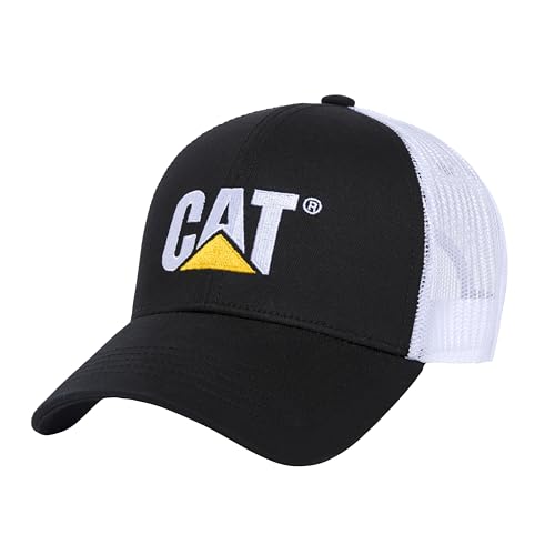 CAT Mens Raised Logo Hat Embroidered Front Mesh Snapback (US Alpha One Size Black White)