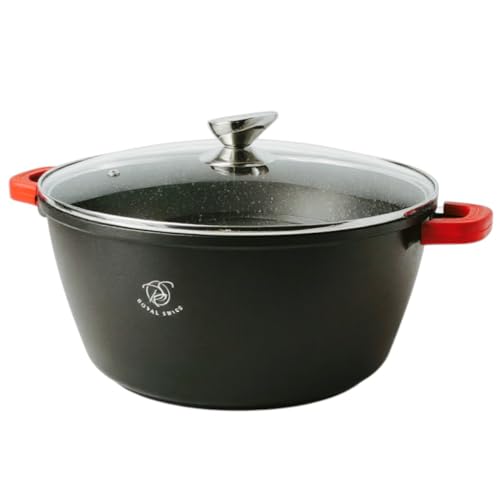 Royal Swiss Faitout 40 cm Noir 19,5 L – Revêtement Marbre Antiadhésif, Couvercle en Verre, Compatible Induction & Four, Fonte d’Aluminium, Poignées Silicone Amovibles (Noir, 40 cm)