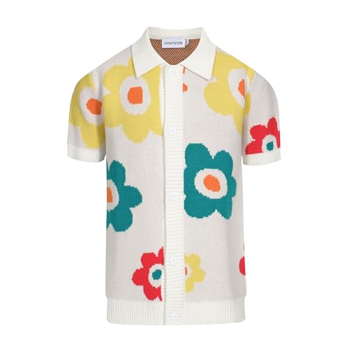 OXKNIT Men's Vintage Polo Shirt Flower Patterns Knit Casual Button Down Short Sleeve Shirts