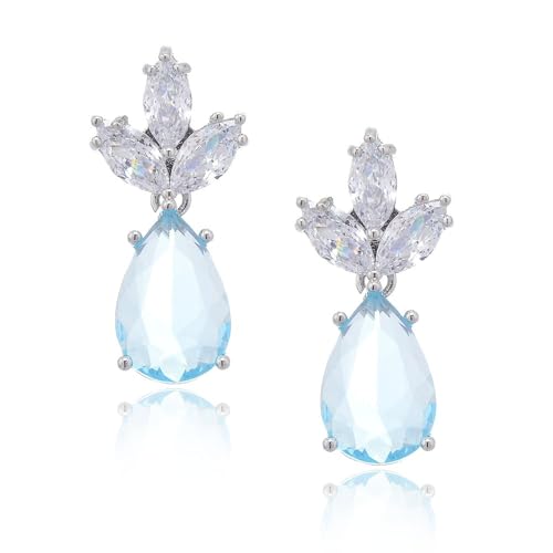 RIZILIA BLOSSOM Pendientes de flores chapados en oro blanco de 18 quilates para mujer, pendientes colgantes florales con circonita cúbica de corte pera [aguamarina simulada], regalo de joyería de