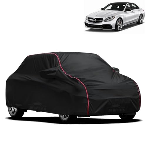 Image of Waterproof Car Cover for Mercedes Benz C200 | All-Weather Protection, Dustproof & UV Resistant | Triple Stitched Mirror Pockets, Windproof Buckle Strap with Elastic Hem, Black-Red Piping