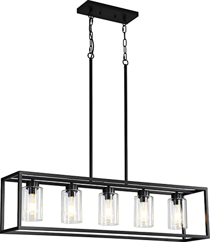 Black 5-Light Dining Room Light Fixture, Modern Farmhouse Chandeliers, Linear Rectangular Kitchen...
