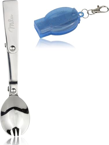 Milu Klappbarer Göffel – 2in1 Löffel & Gabel aus Edelstahl – Reisebesteck inkl. Etui als Anhänger – Passend für Thermobehälter – Ideal für Unterwegs, Camping & Schule