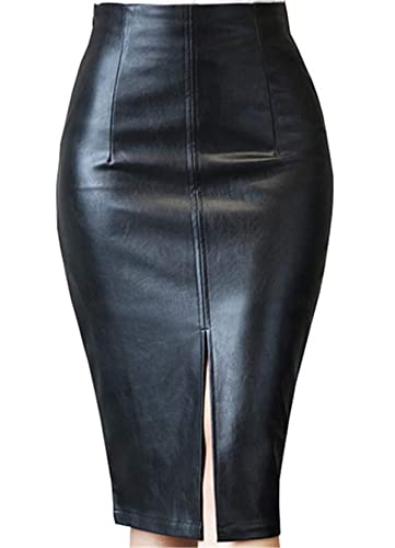 Pelisy Jupe en cuir synthétique pour femme - Taille haute - Sexy - Longueur genoux, Noir , XS-S Cover