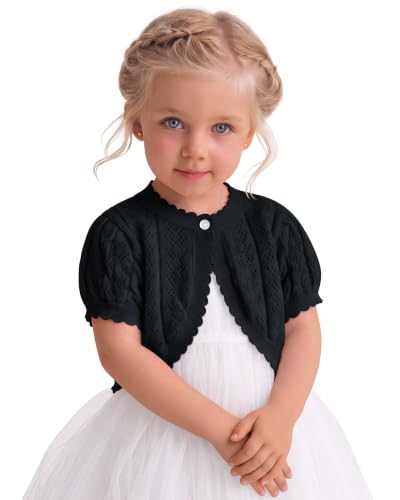 Image of Toddler Girls Cardigan Sweater | Short Sleeve Cardigan, School Wear Sweater, 18M-5T, Knit Baby Bolero Shrug, Cropped Puff Summer Tops, Button Open Front Shirt