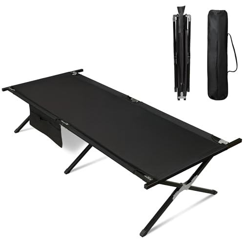 WLIVE Military Camping Cot, Portable Folding Cots for Sleeping with Carry Bag, Outdoor Camping Bed for Adults with Side Pocket, Support 300 Lbs, Black