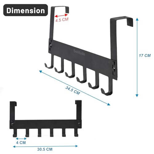 Image of Solitude Pack of 2 Heavy Duty Metal Over Door Hanger with 6 Hooks, Drill-Free Hanging Rack Organizer for Bathroom, Bedroom, Kitchen (Black)