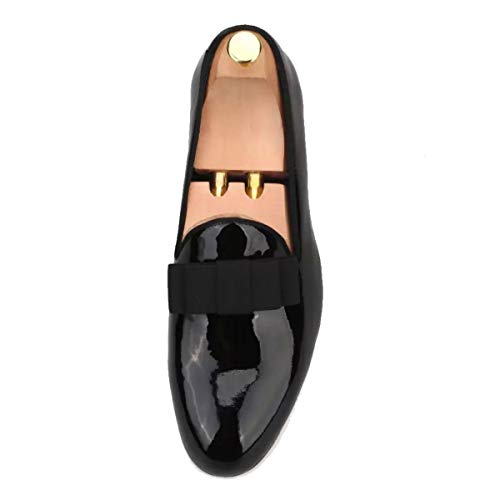 FERUCCI Handmade Men Plain Black Patent Leather with Black Bow Slippers Loafers3