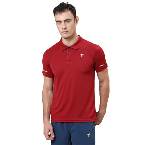 Image of TECHNOSPORT Men's Solid Slim Fit Polo Collar T-Shirt TECHNOCOOL+ Half Sleeve Button Polyester for Gym Running Workout UPF50+ Anti Odour