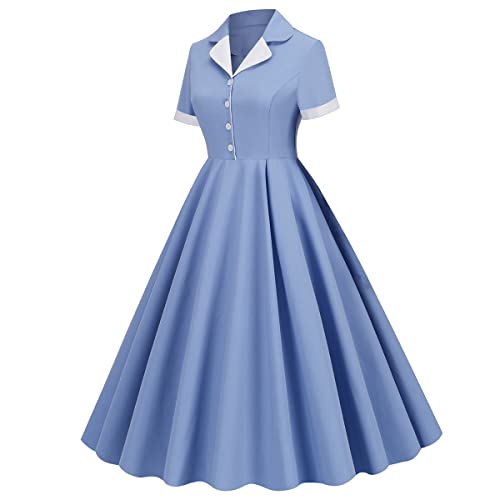 Image of Women 1950s Vintage Short Sleeve Peter Pan Collar Retro Swing A Line Midi Summer Dress Cocktail Party Evening Prom Gown