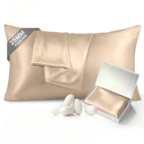 Image of THXSILK 100% Mulberry Silk Pillowcase for Hair and Skin, 25 Momme Mulberry Silk Pillow Case, Natural Mulberry Silk Pillow Case Cover with Zipper, 1pc (California King Size 20 inchx40 inch, Beige)