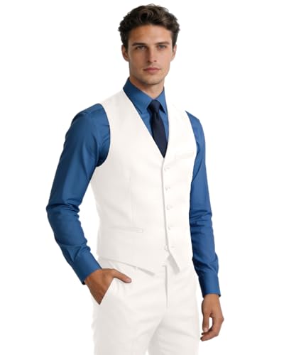 Bakerbear Men Vest for Mens White Business Formal Slim Fit Tuxedo Waistcoat Wedding Groomsmen Guest Dress Vests Size L