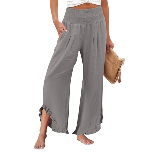HYYGOCCTV Damen-Palazzo-Hose mit weitem Bein, fließend, Sommerhose, elegant, Baumwolle, Leinen, Boho, lange Hose, Lounge mit Taschen, 2-grau, M