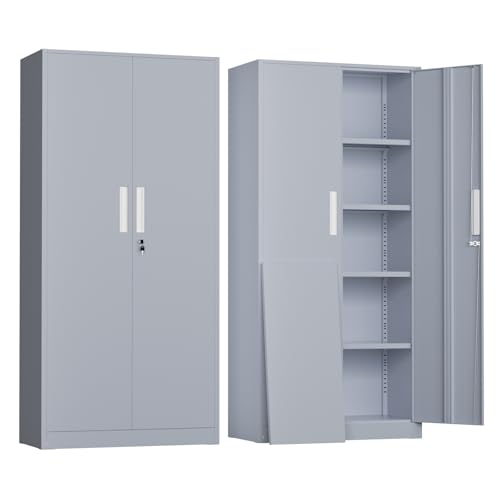 Image of Greenvelly Metal Storage Cabinet, Locking Steel Cabinet with 2 Doors and 4 Adjustable Shelves, 71 inch Utility Metal Filing Organization with Lock for Home Office, Garage, Classroom (Dark Gray)