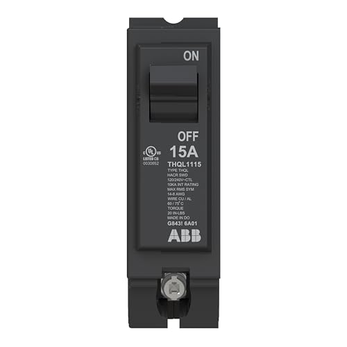 ABB Q-Line® THQL1115 Circuit Breaker • 15 Amp Single-Pole Breaker • 120/240 VAC • 10 kAIC Interrupt Rating • Thermal Magnetic Plug-On Breaker for Load Centers