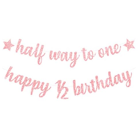 Half Way To One Banner Happy 1/2 Birthday Banner Bunting for Baby Girl 6 Months Old Birthday Party Decorations Baby Shower Glitter Sign Pre-Strung Rose Gold Cover
