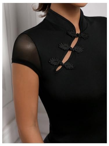 SweatyRocks Women's Short Sleeve Stand Collar Slim Fit Tee Shirt Cheongsam Tops3