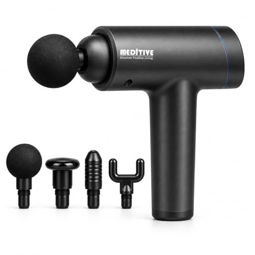 MEDITIVE Deep Tissue Gun Massager – 6 Speed Levels Body Massager, Electric Massage Gun for Pain Relief, Type-C Charging, Quiet Operation, 4 Massage Heads, Handheld Full Body Massager Machine for Muscle Recovery