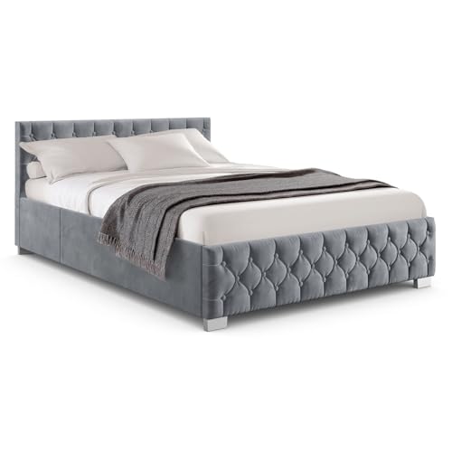 Juskys Polsterbett Nizza 180x200 cm Samt mit Stauraum, LED Beleuchtung & Lattenrost - Chesterfield Steppung & Kopfteil - Bett Bettgestell - Grau