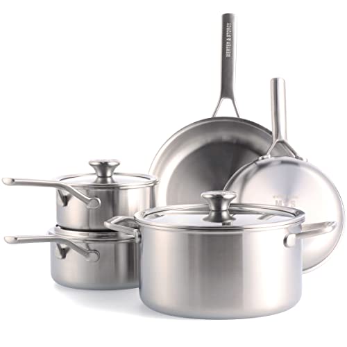 Merten & Storck Tri-Ply Stainless Steel 8 Piece Cookware Pots & Pans Set Professional Cooking Multi Clad Measurement Markings Drip-Free Pouring Edges Durable Glass Lids Induction Oven&Dishwasher Safe