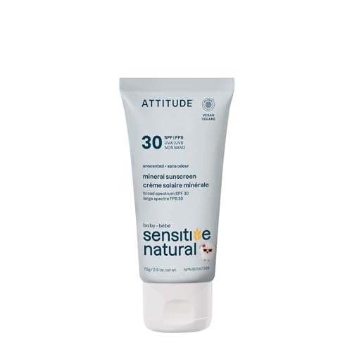 Image of ATTITUDE Mineral Sunscreen for Baby and Kids with Sensitive Skin, EWG Verified, Broad Spectrum UVA/UVB, Dermatologically Tested, Plant and Mineral-Based Formula, Vegan, SPF 30, Unscented, 2.6 Oz