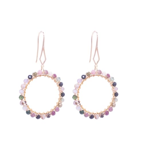 ZARZAMORA Pendientes Mujer Aros Dorados y Piedra Turmalina de Colores. Pendientes Turmalina Piedras Facetadas - Estilo Boho Chic Gancho Chapado en Oro de 24 K. Regalo Original