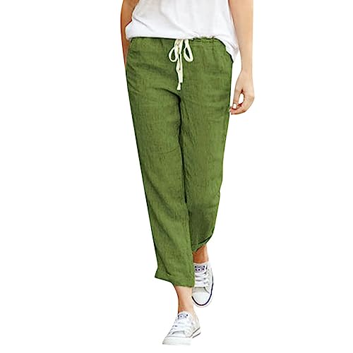 Womens Cotton Linen Pants Plus Size High Waisted Trousers Elastic Waist Lounge Pants Drawstring Summer Pants