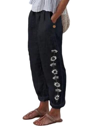 Women's Boho Floral Cotton Linen Baggy Casual Loose Pants Summer High Waist Beach Vacation Trousers with Pockets