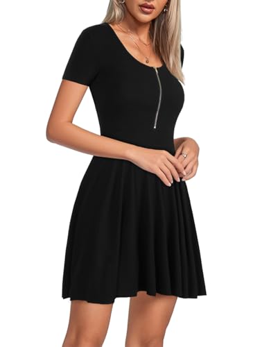 Image of KIFOVEN Women's Skater Dress Short Sleeve Zipper Ruffle Hem Flowy A Line Summer Short Mini Dress