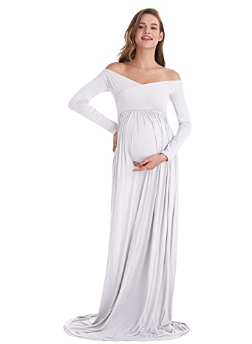 Preisvergleich Produktbild AYMENII Umstandskleid, schulterfrei, halbrund, schmale Passform, Maxikleid, Fotoshooting, Hochzeit, Party, Babyparty Gr. Medium, weiß