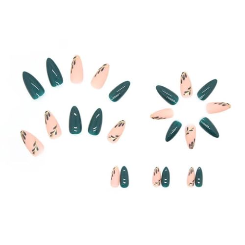 Image of Green Press on Nails Short Almond Stick on Nails Nude Fake Nails with Leaf Design Glossy Full Cover False Nails Artificial Acrylic Nails for Women Girls Diamond Manicure 24Pcs