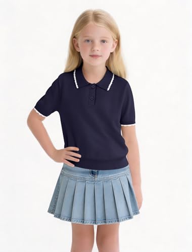 Image of Girls Short Sleeve Polo Shirt V Neck Button Down Shirts Summer Knit School Uniform Crop Tops