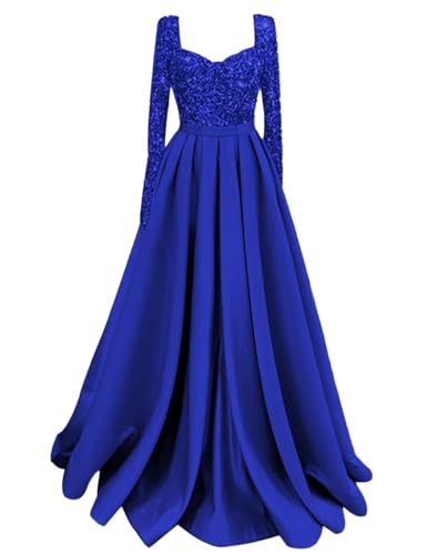 CWOAPO Long Sleeve Sequin Prom Dresses 2025 Long Satin Ball Gowns for Women Formal A-Line Evening Gown with Pockets
