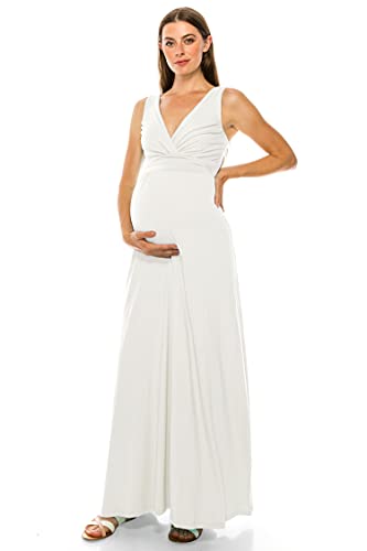 Beachcoco Women’s Maternity Maxi Dress – V Neck Sleeveless Empire Waist Slim Fit One Piece Baby Shower Pregnancy Photography DR-7161 White S
