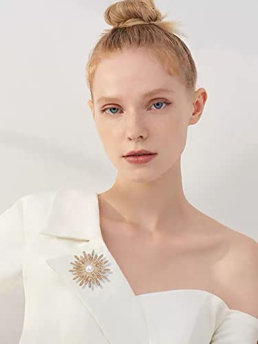 Image of 14K Gold Plated Flower Brooch Pin for Women Girls Simulated Pearl Rhinestone Floral Pin Clip Lapel Sweater Scarves Dress Suit Jackets Collar Corsage Brooches Pins Delicate Decoration Jewelry Gifts