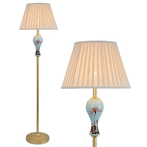 SDFDSSR Lampadaire Industriel Rétro Lampadaire en Céramique avec Abat-Jour en Tissu Peint Lotus Pole Grande Lampe pour Ferme & Salons Rustiques Lampe sur Pied