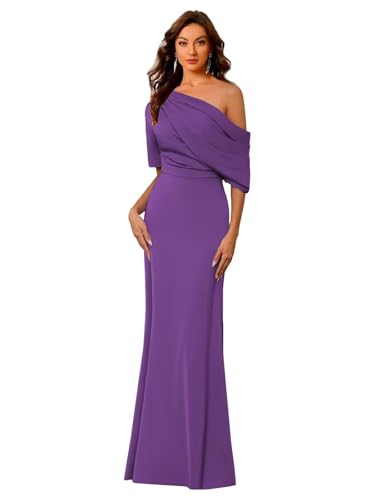 Image of Mermaid Satin Mother of The Bride Dresses for Women Elegant One Shoulder Ruffle Long Formal Evening Gown