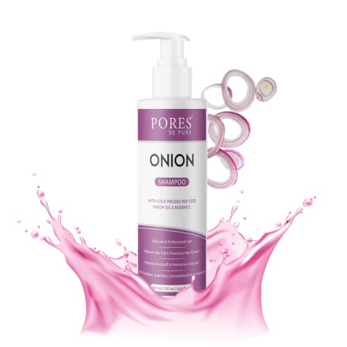 Image of PORES Be Pure Onion Shampoo with Redensyl | Cold Pressed Red Seed Onion Oil for Hair Fall Control, Dandruff & Hair Growth | Nourishing Shampoo for Dry, Damaged Hair | For Men & Women - (250 ml X 3)