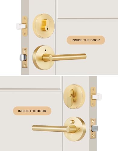 Image of Lethato Gold Door Handle and Deadbolt Set, Heavy Duty Front Door Lock Set, Exterior Door Lever Single Keyed Round Deadbolt Lock (1 Pack)