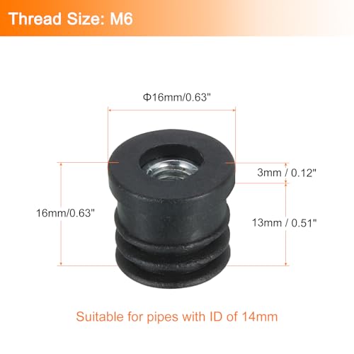 Image of uxcell 6Pcs Inserts for Round Tubes with M6 Thread, for 16mm /0.63 inch OD Round Tube, Round Black Plastic Plug Caster Insert Chair End Caps Furniture Leg Plug
