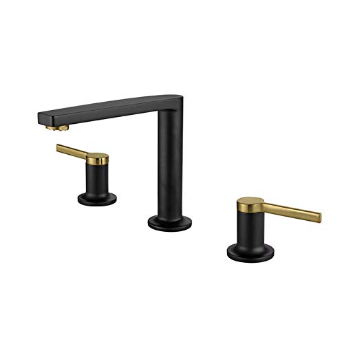 QTHWB Mixer Brass Handle Bathroom Sink 3 Hole Basin Tap Deck Mounted Lavatory Faucet with Hot and Cold Water,Brushed Gold(Black Gold)